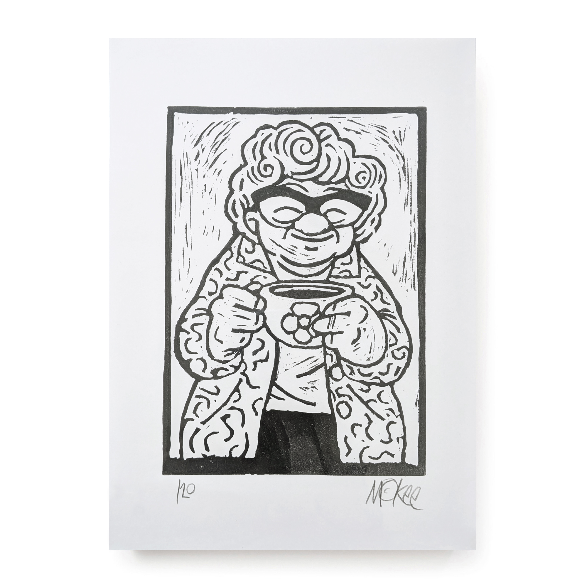 Original Linocut - Teacup Nan - Image 3