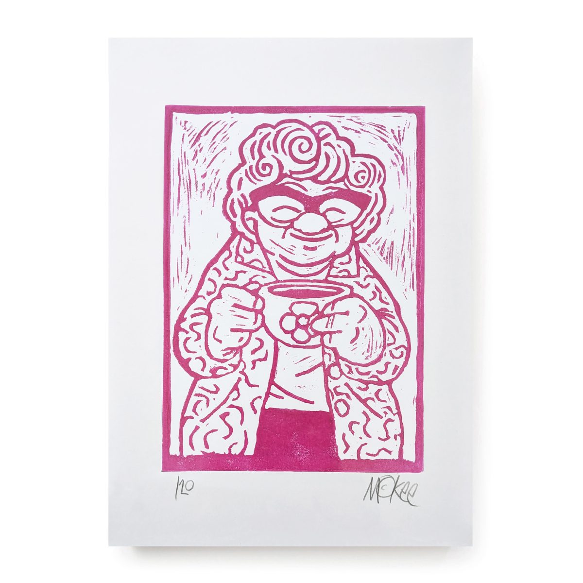 Original Linocut - Teacup Nan